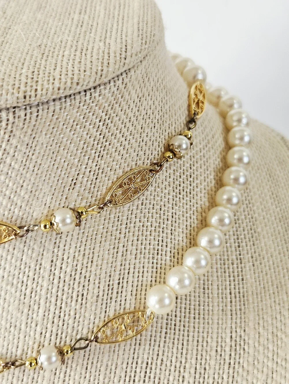 Vintage Faux Pearl Gold Filigree Scrollwork Opera Length Linked Station Necklace